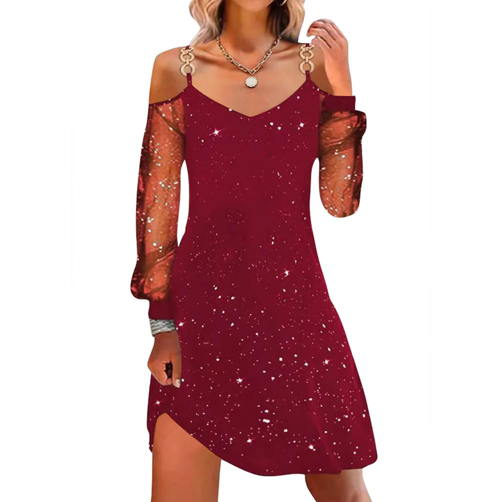 thumbnail image 3 of Vestido de manga larga de malla de color liso para mujer para Navidad: estampado festivo, cuello en V, ropa informal para fiestas, 3 of 5